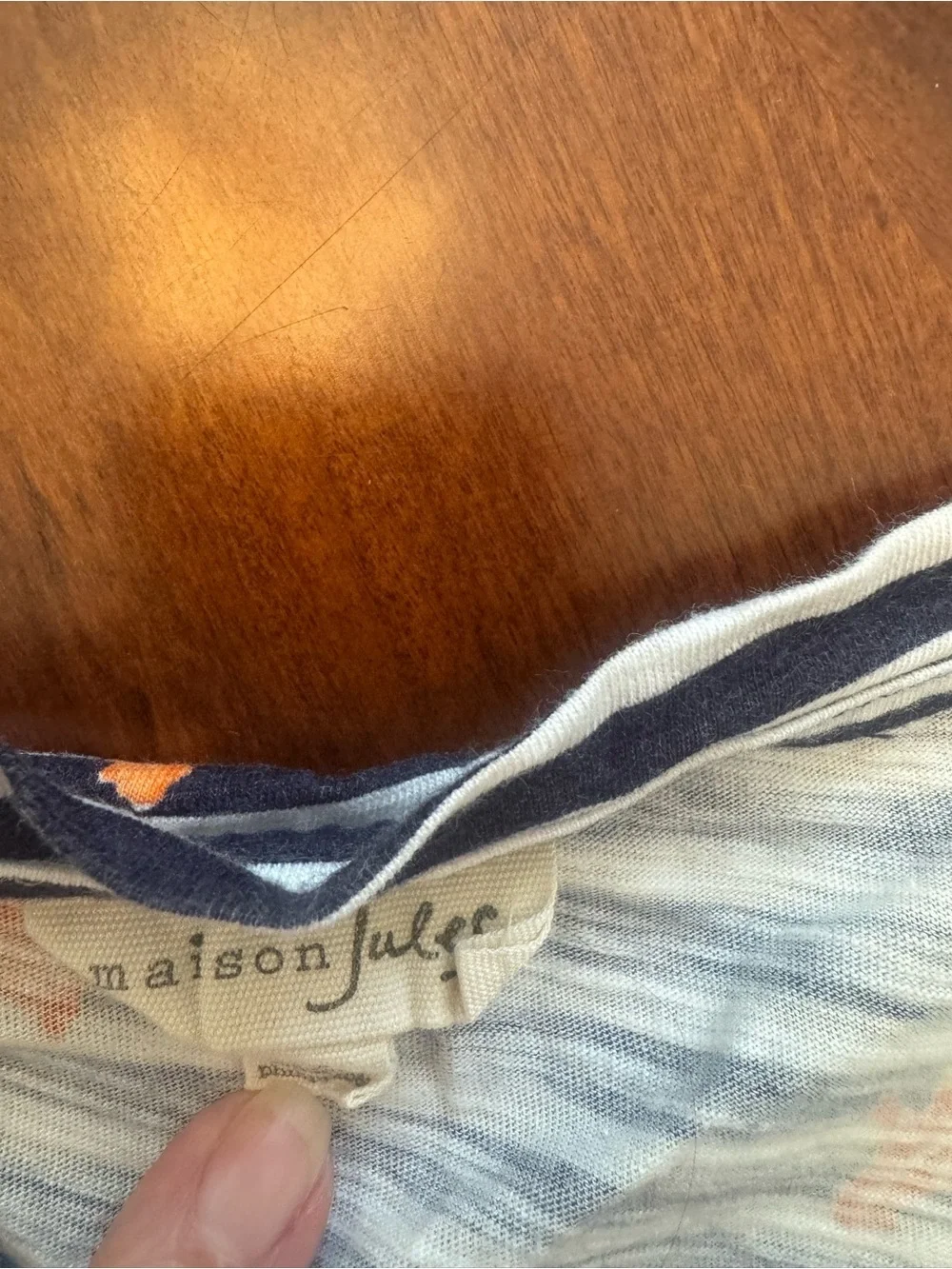 Maison Jules Navy & White Striped V‑Neck Tee with Orange Bow Print